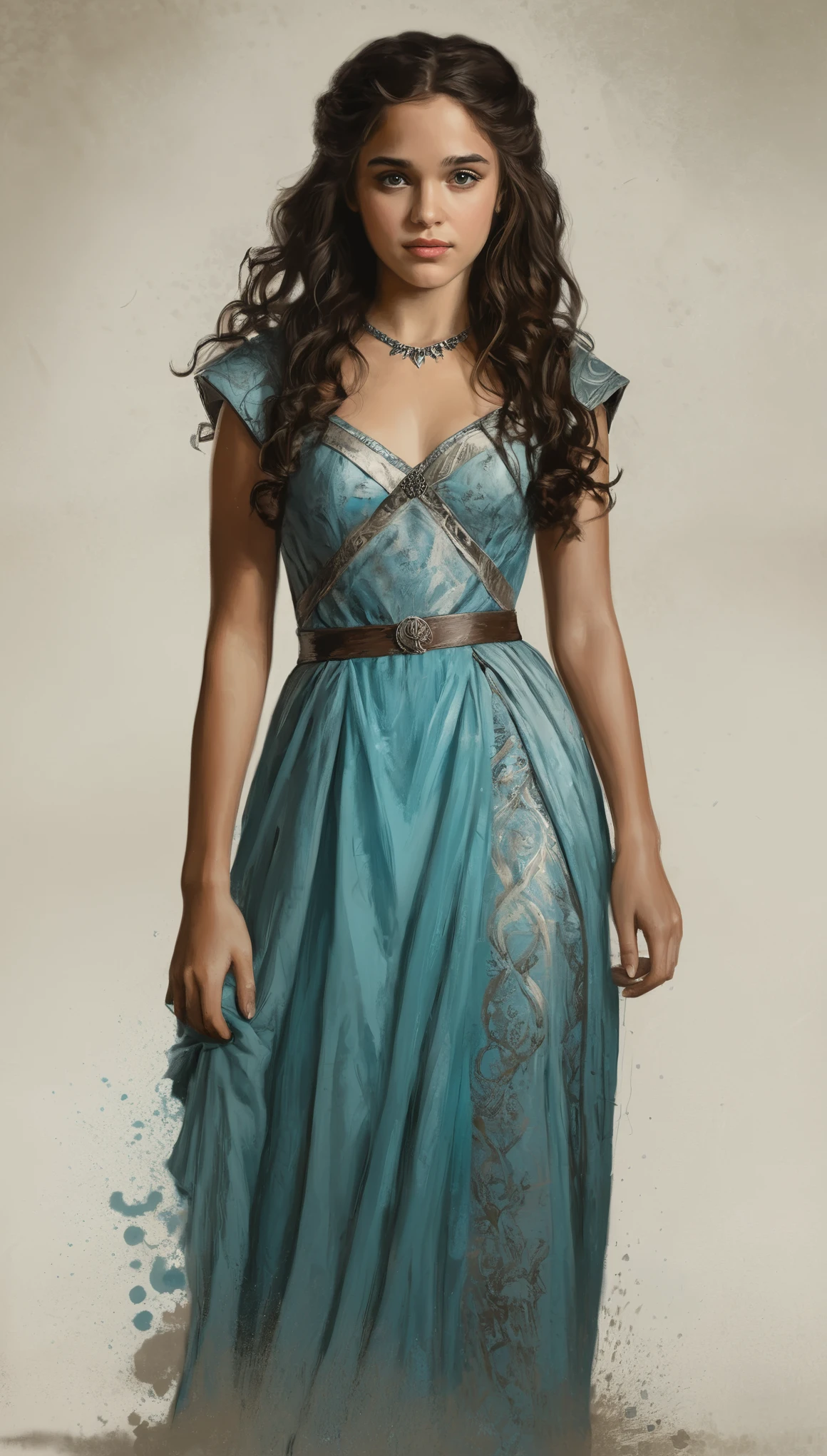 An illustrated movie poster, hand-drawn, full color, a Westerosi age girl, wearing a regal dress, warm brown complexion, aquamarine eyes, dark hair, long loose curls, waist-length hair, posing on a pedestal, hard shadows, graphite shading, stencil marks, airbrushed acrylic paint, masterpiece, in the style of Game of Thrones