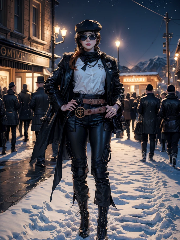 (masterpiece,stunning girlfriend, (standing:1.1), dynamic pose, heart shaped face,elegant face, beautiful face, highly detailed face, highly detailed skin, skin pores, subsurface scattering, realistic pupils, loving smile, looking at viewer, full lips, detailed background, depth of field, atmospheric perspective, volumetric lighting, sharp focus, absurdres, realistic proportions, good anatomy, (realistic, hyperrealistic:1.4), 16k hdr, (masterpiece, best quality:1.2), cowboy shot, solo, 1girl, coco adel, grin, looking at viewer, hand on hip, beret, sunglasses, white shirt, black tie, business suit, black shoes, black gloves, jacket, pants, jewelry, belt, standing outdoors, night, stars, near ski lodge, snow, mountain, crowds 