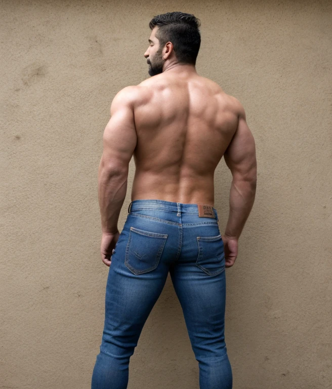 Arturo: male, vaquero musculoso, rostro, realista, foto cuerpo completo con jeans, barba corta, backside