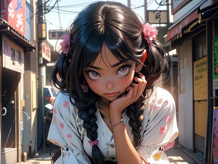 (Masterpiece, Award winning , Best Quality:1.2), Asian girl, striking brown eyes, small breasts, slim waist, sensuous hips, long, long black braided hair, long braided hair, black hair braided, art by Yusuke Murata, solo, menhera, Yamikawa Punk, jirai kei, (jirai kei fashion:1.1), detailed face, white Blouse, Frills, Skirts, Stockings, colorful, bright red ribbons, pink theme, Various accessories, (ear piercing), Japanese subculture, fashion, grunge, noise pop, Manic, punky style, (Akihabara:1.1), , UHD, HDR,(Masterpiece:1.5), (best quality:1.5), (depth of field:1.2), figurative art, wonderful, cool beauty, perfect composition, perfect angle, best shot, female solo, sharp outline, nostalgia, romantic, 64k, award winning illustration, realistic light, ultra-detailed, high quality concept art, inspired by Hello Kitty, inspired by Goth lolita clothing, inspired by Otyken, inspired by Kyoto street fashion and Japanese mythology, inspired by Alphonse Mucha style with art nouveau elements.
