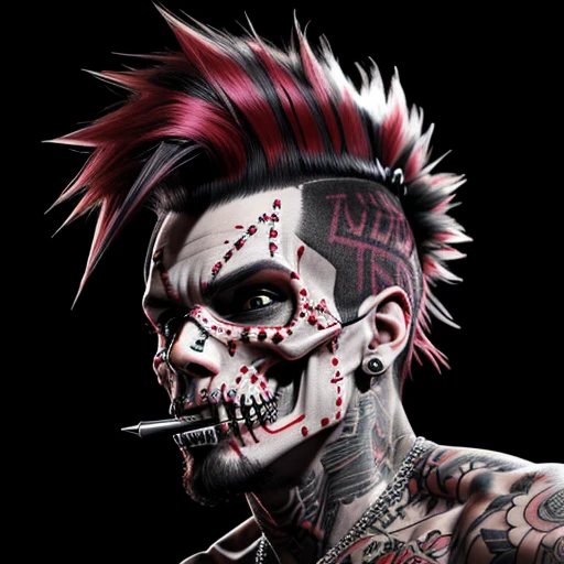 official art, unity 8k wallpaper, ultra detailed, aesthetically pleasing, High quality, masterpiece, best quality, Punk skull with red mohawk, 1man, wide open mouth, detailed teeth, empty eye sockets, black and white graphic style, high contrast, (best quality, 4k, 8k, high resolution, masterpiece:1.2), ultra-detailed, (realistic, photorealistic, photo-realistic:1.37), HDR, UHD, sharp focus, flat illustration, bold lines, (punk, rebellious, aggressive:1.2), cool color tones,
