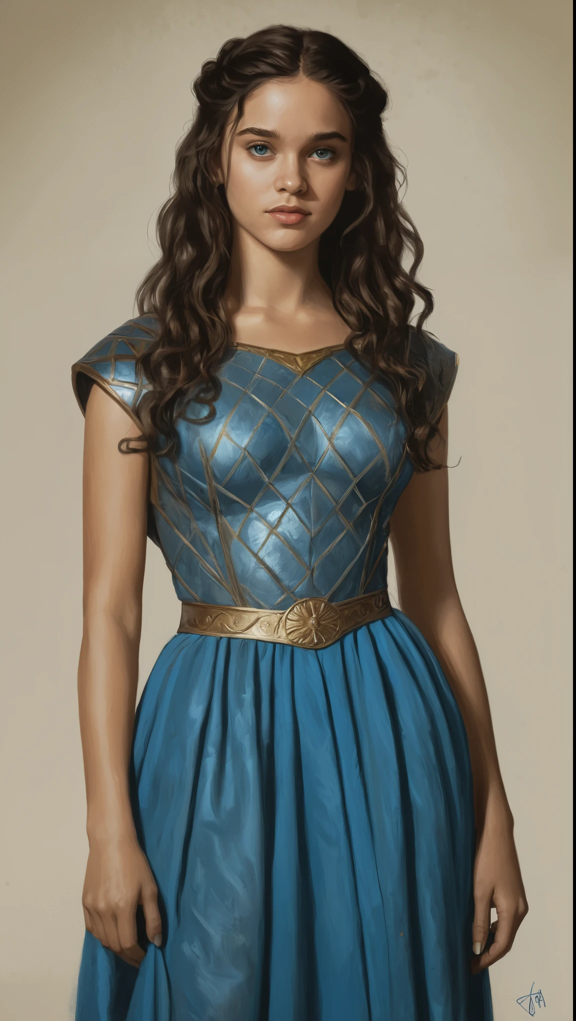 An illustrated movie poster, hand-drawn, full color, a Westerosi age girl, wearing a regal chiton, golden brown complexion, azure blue eyes, dark hair, long loose curls, waist-length hair, posing on a pedestal, hard shadows, graphite shading, stencil marks, airbrushed acrylic paint, masterpiece, in the style of Game of Thrones 