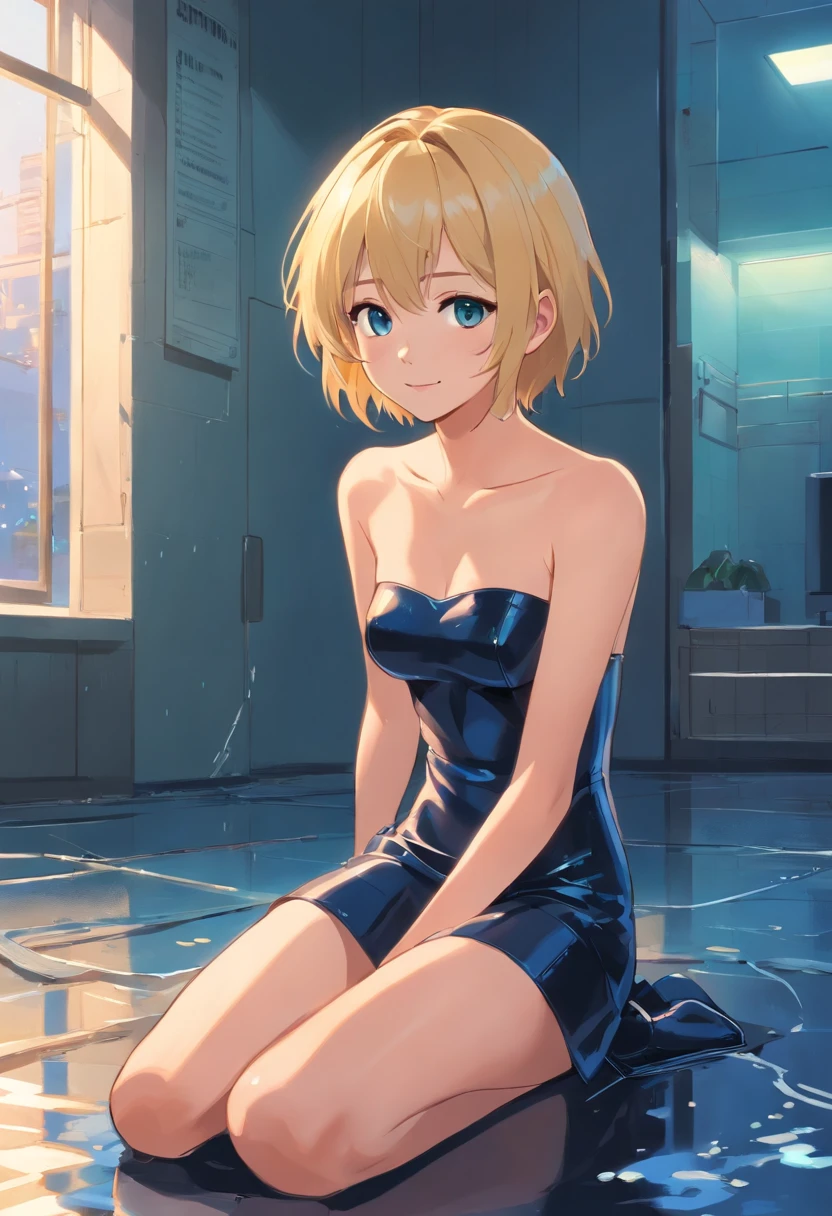 Blonde woman , pelo corto, ojos azules, sitting in short black strapless latex dress, botas altas, wet floor smile, arms back
