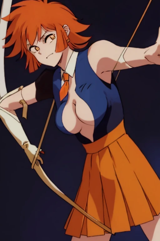 a cartoon woman in uniform holding a bow and arrow in front of her, kureha touka, 1girl, solo, teenager, yo, large breasts, orange pleated skirt, lightbrown hair, long hair diagonal bangs, gold eyes,  black blazer, pleated skirt, white things high, orange neckties, collerd shirts, ,