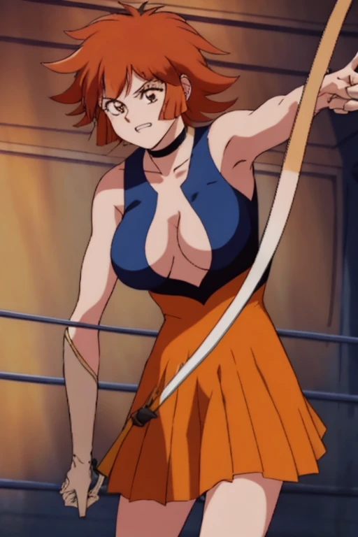 a cartoon woman in uniform holding a bow and arrow in front of her, kureha touka, 1girl, solo, ager, 17yo, large breasts, orange pleated skirt, lightbrown hair, long hair diagonal bangs, gold eyes, black blazer, pleated skirt, white things high, orange neckties, collerd shirts, ,