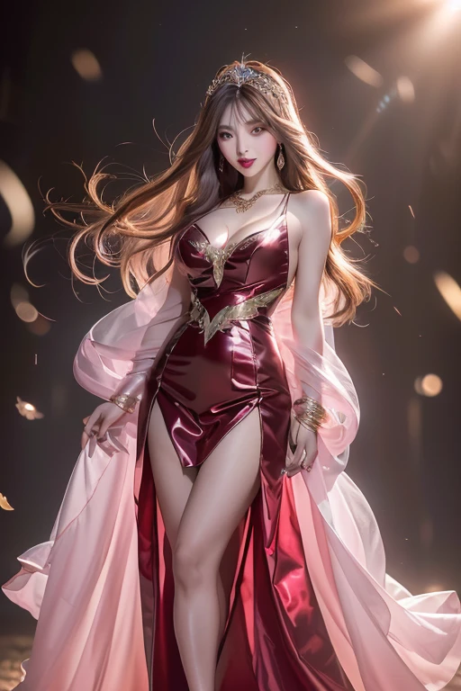(highest quality、Full body photo 1.2、8K、best image quality、Award-winning work)、(one young girl, 14 years old:1.3)、(Luxury dresses:1.2)、(red eyeshadow:1.2)、perfect makeup、long eyelashes、Super high-definition sparkling eyes、ultra high definition hair、ultra high resolution glossy lips、Super high resolution perfect teeth、Super high resolution cute face、brown hair、(((very long straight hair:1.2))、look at me and smile、[clavicle]、accurate anatomy、Luxury love hotel、(The most moody warm lighting:1.2)、blurred background、With bangs、Super high-resolution glossy and moisturized face、Super high resolution glowing skin、most detailed face、Ultra high resolution detailed faces、ultra high resolution hair、Super high resolution sparkling eyes、Beautiful face drawn in every detail、Super high resolution glossy red lips、big breasts、cleavage、Fashionable necklaces、(((Full body photo 1.2)))、Hair fluttering in the wind 1.2、Professional Lighting 1.3