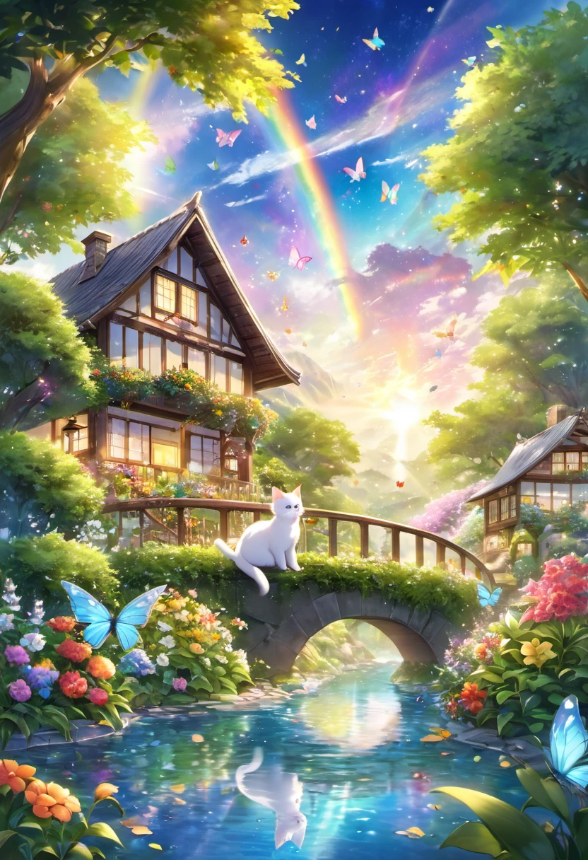 This scene is very fascinating、A girl and a white kitten in a beautiful garden, In the distance, a  can be seen watching a white kitten happily catching butterflies., The garden is decorated with lush greenery and colorful flowers.、The sunlight filtering through the trees gives off a warm glow.。The bright butterflies fluttering around the white kitten create a lively atmosphere.。 The white kitten is expressive、The detailed fur and unique folded ears add to its charm.。The gardens are beautifully maintained、Neatly trimmed bushes and々Various plants are arranged。The stream&#39;s crystal clear water reflects the serene environment.、Colorful facade of house in the distance々adds a bit of whimsy to the scene.。 The scene has an atmosphere of tranquility and contemplation.、Expressing the world of high fantasy。Guardian nebula of rainbow light and silvery vapor、The colors of the Corrosive Encirclement Ray family fill the sky、There is a slimy feeling in the air.。A beautiful piece of artwork that exudes a mysterious aura.。