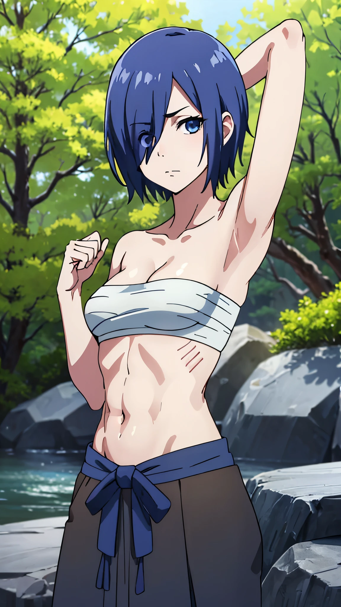 masterpiece, highres, solo, 8k, detailed, perfect face, best quality, (ultra high quality), (looking at viewers), (armpit), collarbone, bare arms, big breast, cleavage, dark blue hair, short hair, bob hair, (hair covering side face), blue eyes, gradation eyes, (only one eye is visible), belly, stomach, navel, abs, sarashi chest, bandaged breast, (blue hakama), slim body, slim waist, upper body, emotionless, flat face, closed mouth, at forest, hand up