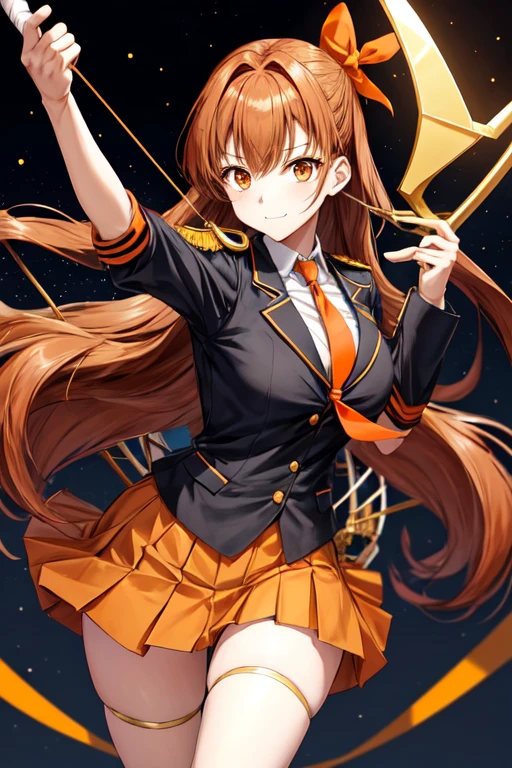 a cartoon woman in uniform holding a bow and arrow in front of her, kureha touka, 1girl, solo, ager, 17yo, large breasts, orange pleated skirt, lightbrown hair, long hair diagonal bangs, gold eyes, black blazer, pleated skirt, white things high, orange neckties, collerd shirts, ,