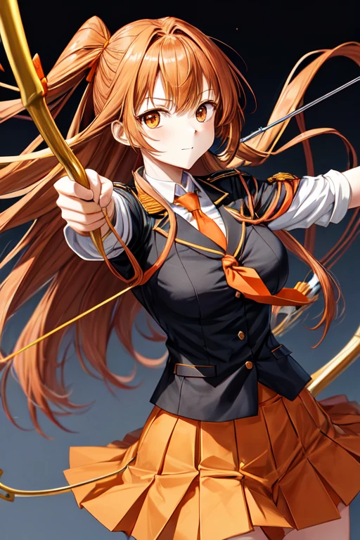 a cartoon woman in uniform holding a bow and arrow in front of her, kureha touka, 1girl, solo, ager, 17yo, large breasts, orange pleated skirt, lightbrown hair, long hair diagonal bangs, gold eyes,  black blazer, pleated skirt, white things high, orange neckties, collerd shirts, ,