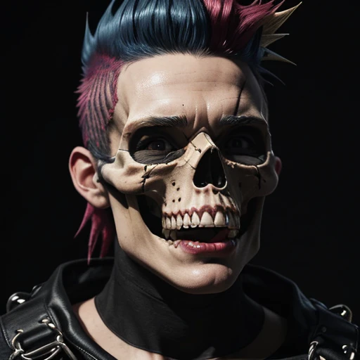 official art, unity 8k wallpaper, ultra detailed, aesthetically pleasing, High quality, masterpiece, best quality, Punk skull with red mohawk, 1man, wide open mouth, detailed teeth, empty eye sockets, black and white graphic style, high contrast, (best quality, 4k, 8k, high resolution, masterpiece:1.2), ultra-detailed, (realistic, photorealistic, photo-realistic:1.37), HDR, UHD, sharp focus, flat illustration, bold lines, (punk, rebellious, aggressive:1.2), cool color tones,
