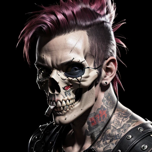 official art, unity 8k wallpaper, ultra detailed, aesthetically pleasing, High quality, masterpiece, best quality, Punk skull with red mohawk, 1man, wide open mouth, detailed teeth, empty eye sockets, black and white graphic style, high contrast, (best quality, 4k, 8k, high resolution, masterpiece:1.2), ultra-detailed, (realistic, photorealistic, photo-realistic:1.37), HDR, UHD, sharp focus, flat illustration, bold lines, (punk, rebellious, aggressive:1.2), cool color tones,