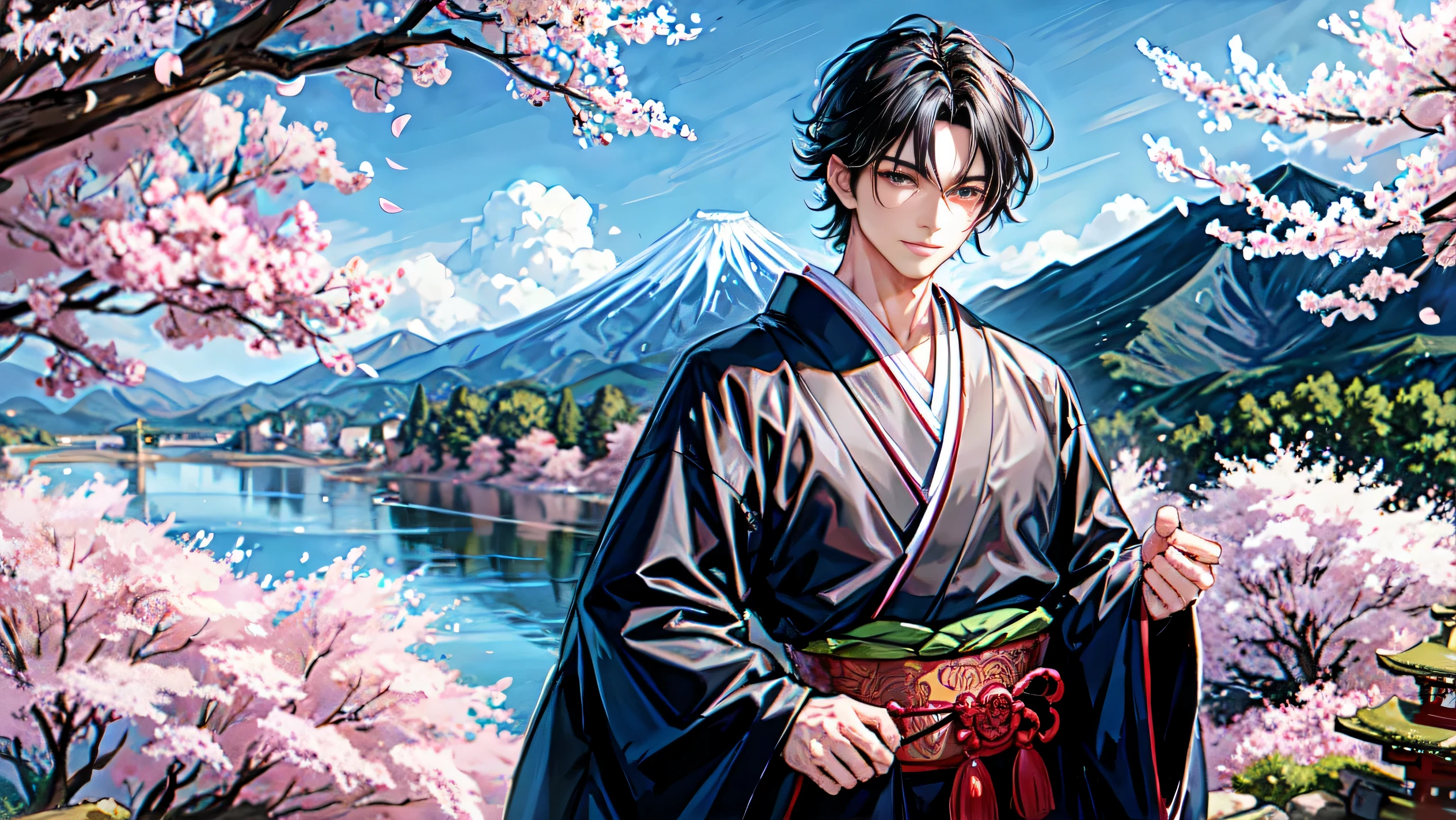 8K resolution,1 boy,black hair,(masterpiece,highest quality:1.2),(sketch:1.2),(Japanese style:1.4),Handsome guy,Mountain,river,cherry blossoms,beautiful kimono