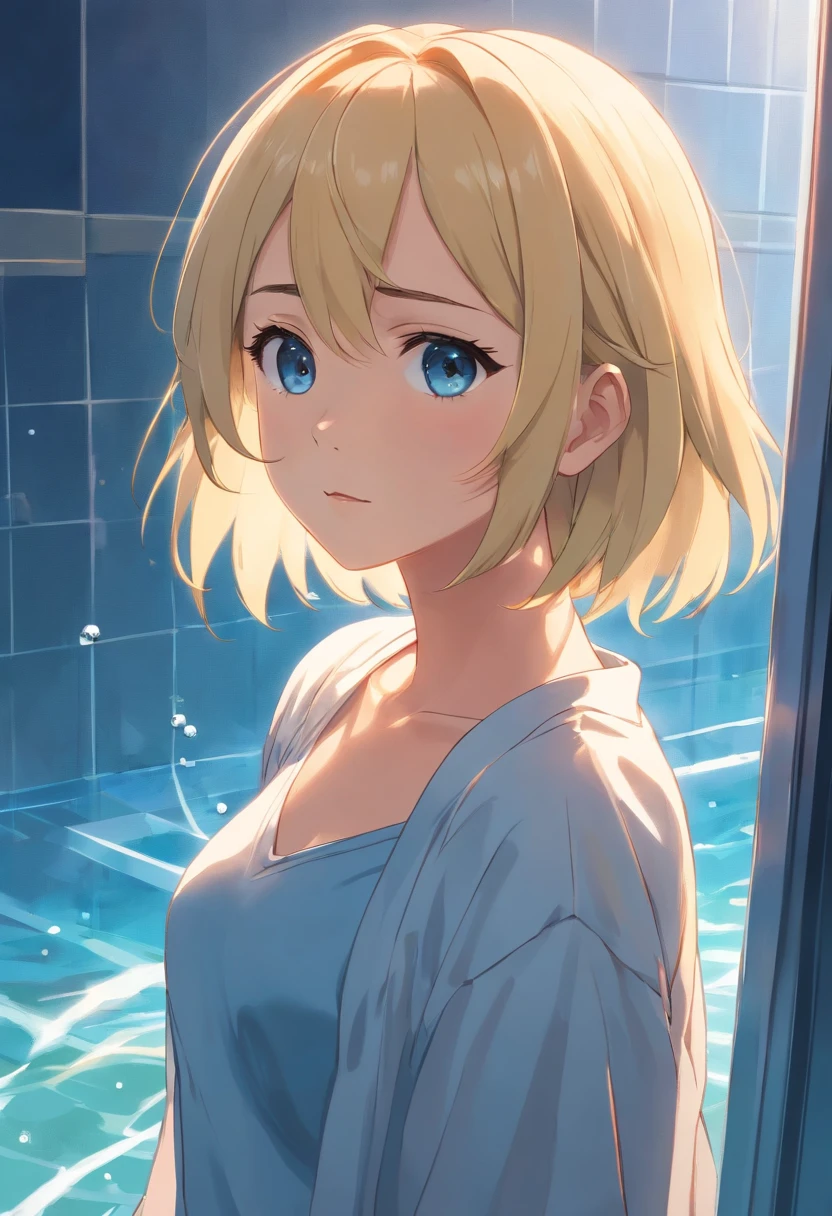 17 years old Women, ((Blonde)), ((Blue eyes)), ((Short hair)), ((Full shot)), very detailed makeup, pale pink lipstick, long earrings, takin a shower ((whole body))