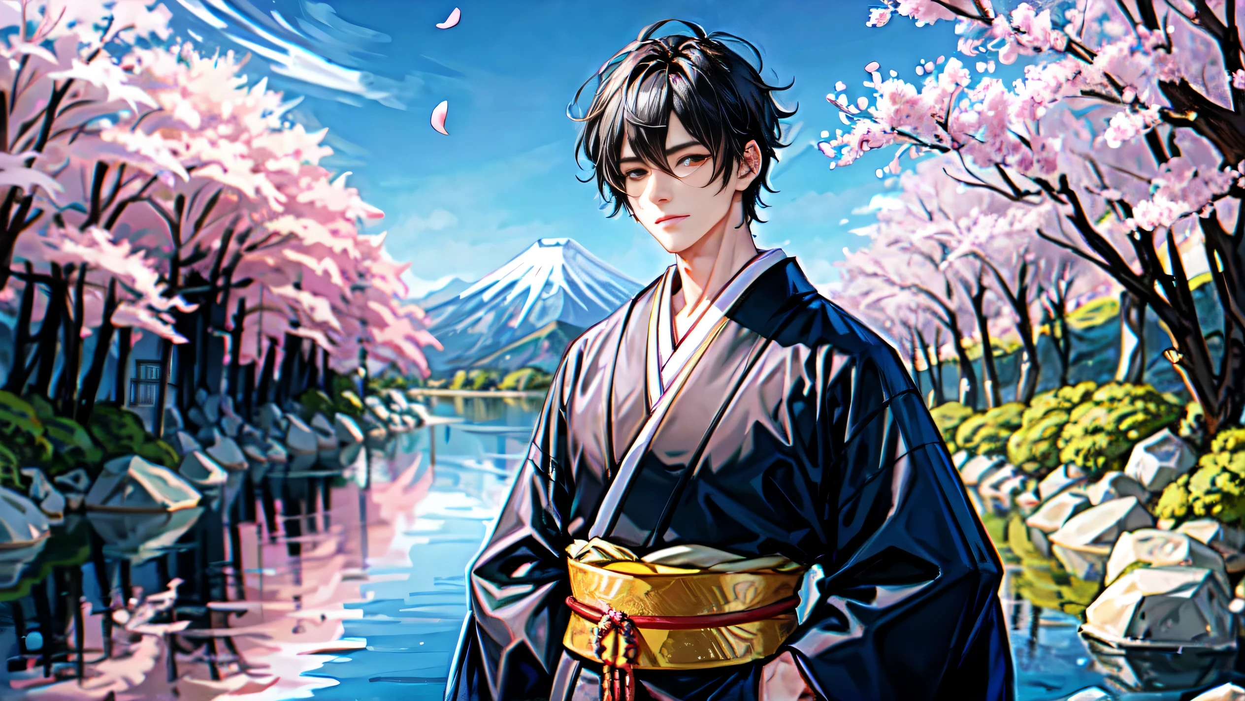 8K resolution,1 boy,black hair,(masterpiece,highest quality:1.2),(sketch:1.2),(Japanese style:1.4),Handsome guy,Mountain,river,cherry blossoms,beautiful kimono