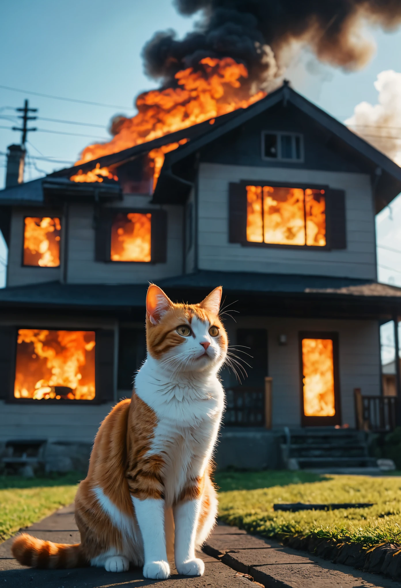 cinematic film still anime artwork,  cfb, cat foreground, a house on fire, background, vibrant, highly detailed,  shallow depth of field,, cinemascope, moody, epic, gorgeous, film grain, grainy,meme,parody