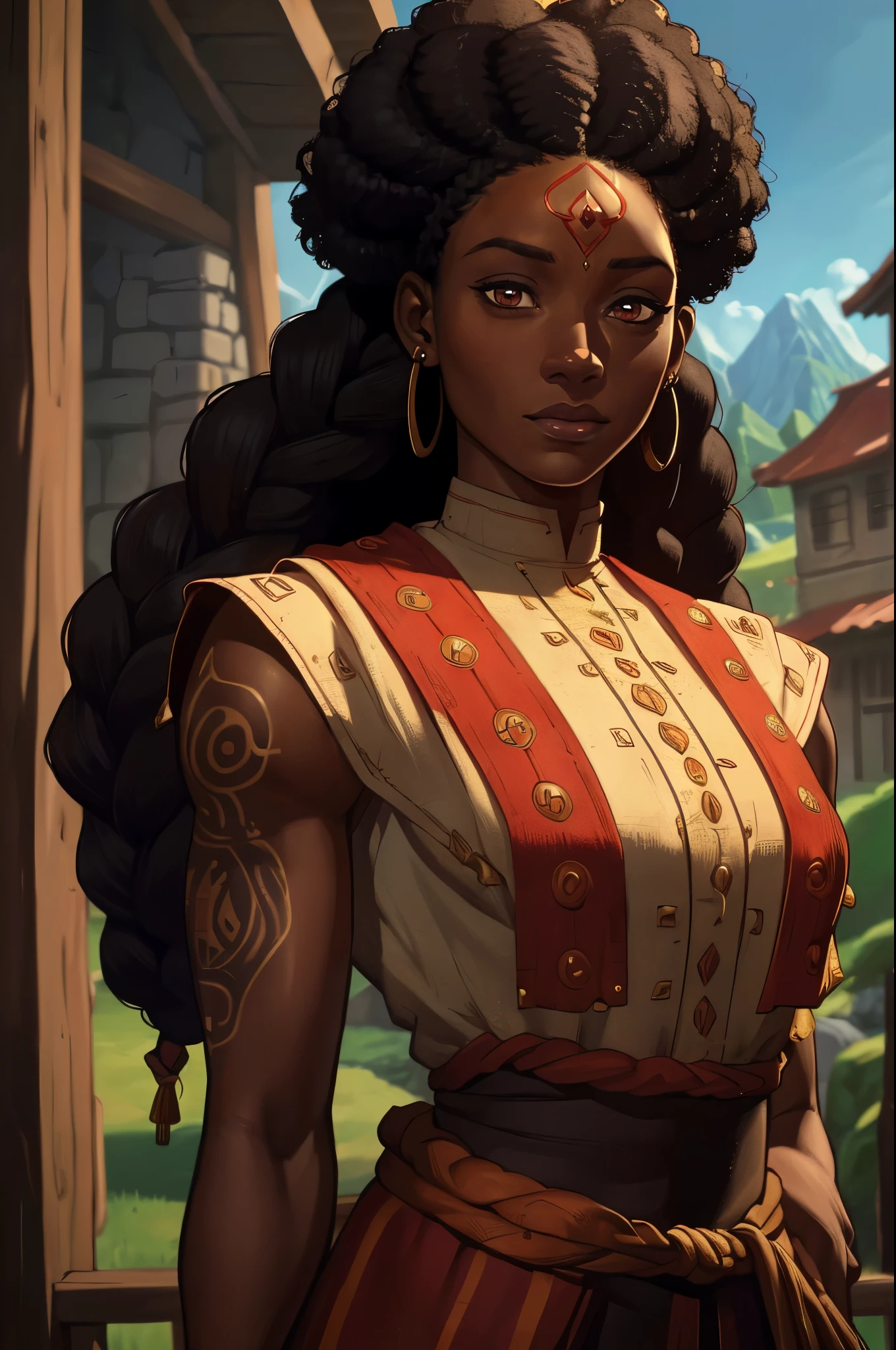 a dark skin woman, afro hair falling forward, Kind of rasta but braided, red tattoos on arms, (wearing like a NPC for a Medieval RPG), confident expressions, at small village, | (8k, RAW photo, best quality, masterpiece:1.2), ultra-detailed, (high detailed skin:1.2), 8k uhd, dslr, soft lighting, high quality, ((upper body)), ((LOOKING at the VIEWER)), asura, film grain, highly detailed shading