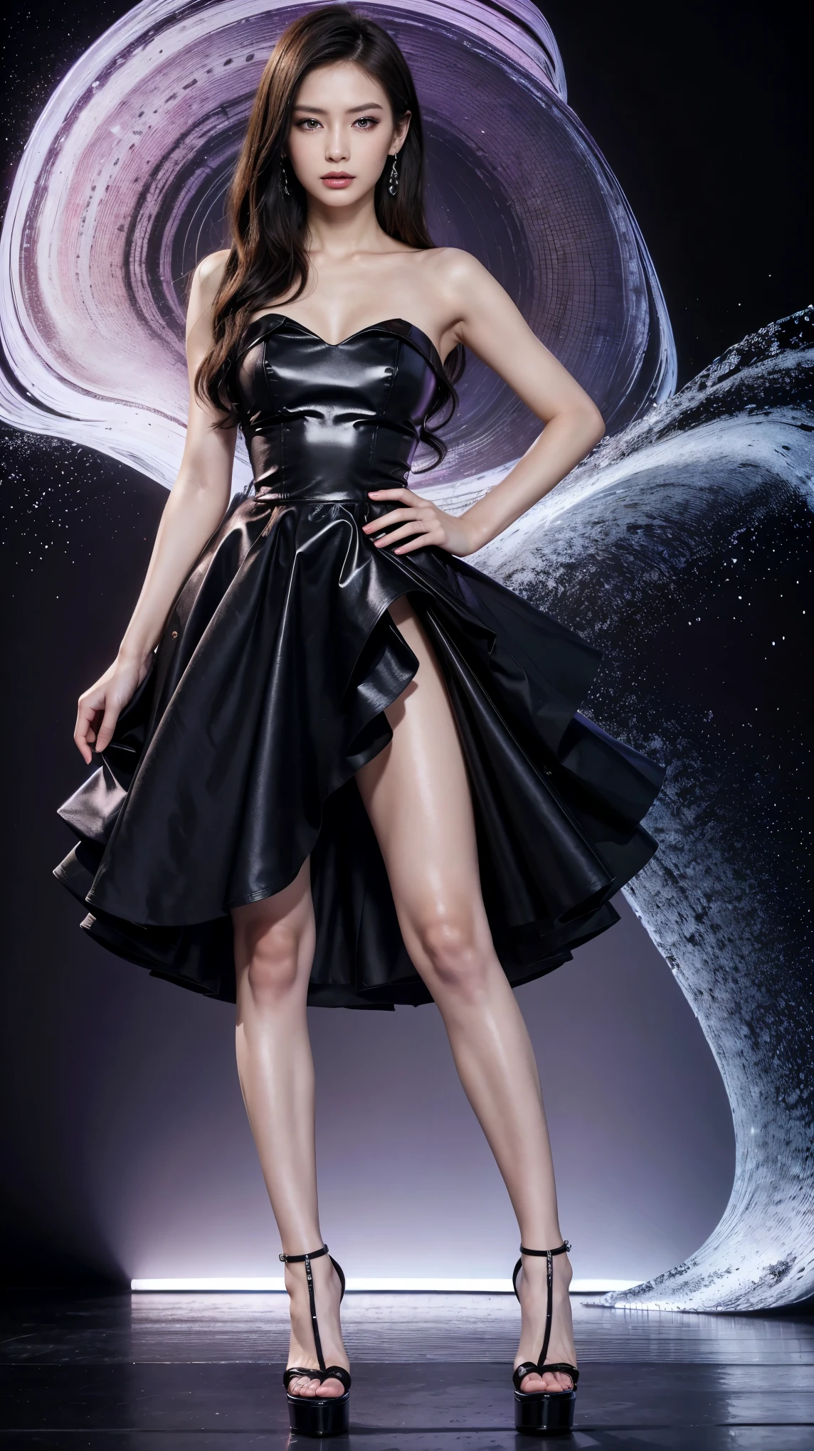 highest quality,masterpiece,ultra high resolution,(actual:1.4),original photo,ultra high resolution,8K,there is a woman,Fair skin,Big wave diamond purple and cool black collaboration dress:1.5,high heels,long legs:1.5,bright and beautiful,high waist,Flashy makeup with red eyeshadow,