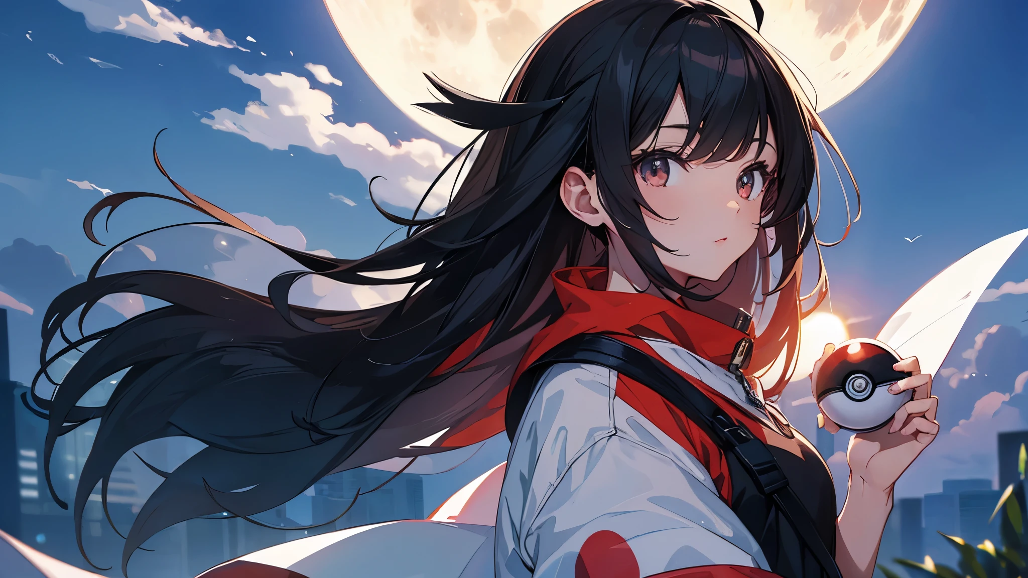 a black hair girl holding a pokeball. Moon in the background