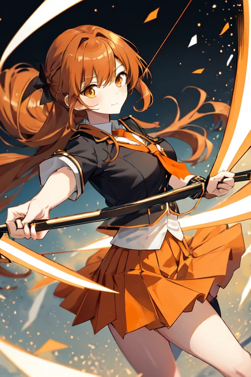 a cartoon woman in uniform holding a bow and arrow in front of her, kureha touka, 1girl, solo, teenager, yo, large breasts, orange pleated skirt, lightbrown hair, long hair diagonal bangs, gold eyes, black blazer, pleated skirt, white things high, orange neckties, collerd shirts, ,