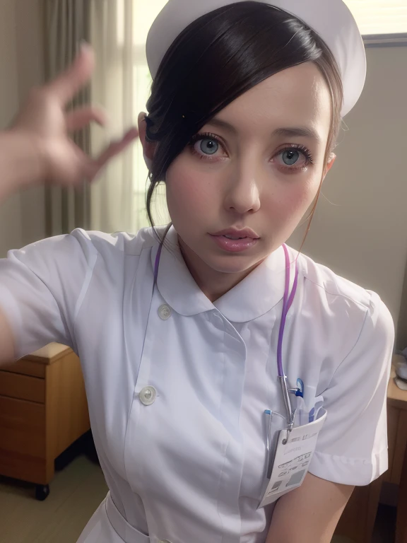 1 girl,(Wearing white nurse clothes:1.2),(Raw photo, highest quality), (realistic, photo-realistic:1.4), masterpiece, very delicate and beautiful, very detailed, 2k wallpaper, wonderful, finely, very detailed CG unity 8k wallpaper, Super detailed, High resolution, soft light, beautiful detailed girl, very detailed eyes and face, beautifully detailed nose, finely beautiful eyes, nurse, perfect anatomy, black hair, up style, nurse uniform, ((nurse cap)), long skirt, nurse, white costume, thin, hospital, clear, white uniform, hospital room, Neck auscultation,close up face,(becky)