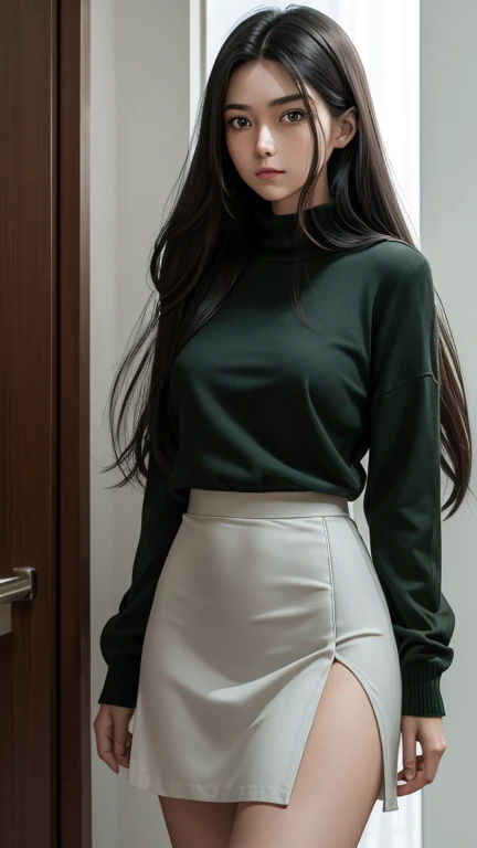 1girl, 23 years old, south east Asian, slender figure, white-collared undershirt, buttoned and tucked undershirt, plain skirt, light gray skirt, almost knee-length skirt, front-slit skirt, dark gray sweater, buttoned sweater, zipped sweater, simple pumps, black pumps, tall, long hair, jet-black hair, free flowing hair, elbow-length hair, her hair frames her face, delicate-looking neck, rich eyes, emerald green eyes, emotionally guarded, neutral expression, contented expression, hidden melancholy, deep thinker