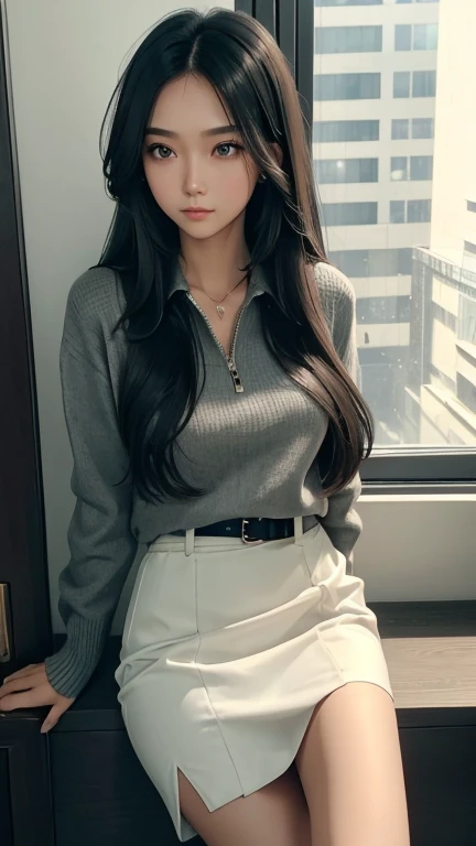 1girl, 23 years old, south east Asian, slender figure, white-collared undershirt, buttoned and tucked undershirt, plain skirt, light gray skirt, almost knee-length skirt, front-slit skirt, dark gray sweater, buttoned sweater, zipped sweater, simple pumps, black pumps, tall, long hair, jet-black hair, free flowing hair, elbow-length hair, her hair frames her face, delicate-looking neck, rich eyes, emerald green eyes, emotionally guarded, neutral expression, contented expression, hidden melancholy, deep thinker