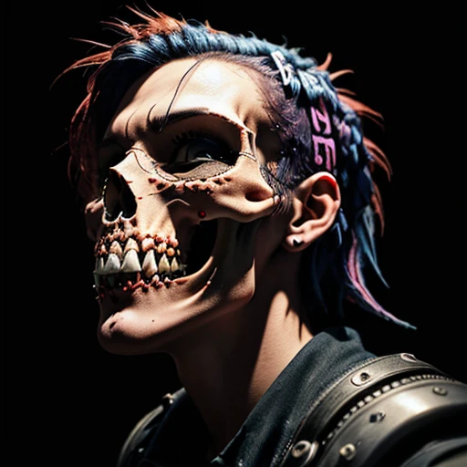 official art, unity 8k wallpaper, ultra detailed, aesthetically pleasing, High quality, masterpiece, best quality, Punk skull with red mohawk, 1man, wide open mouth, detailed teeth, empty eye sockets, black and white graphic style, high contrast, (best quality, 4k, 8k, high resolution, masterpiece:1.2), ultra-detailed, (realistic, photorealistic, photo-realistic:1.37), HDR, UHD, sharp focus, flat illustration, bold lines, (punk, rebellious, aggressive:1.2), cool color tones,