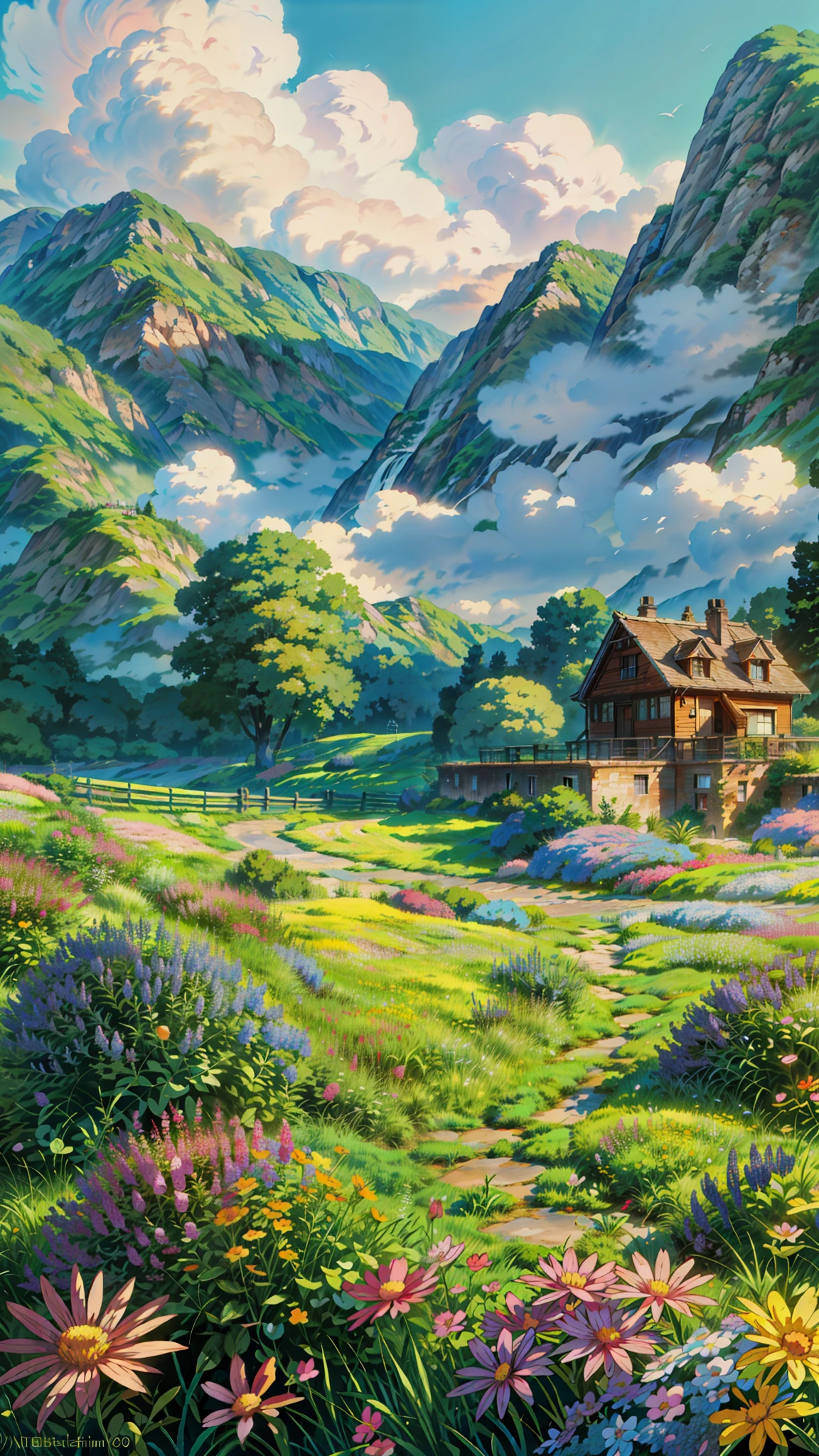 a painting of a house in a field of flowers, anime beautiful peace scene, background of flowery hill, anime nature wallpap, studio ghibli environment, anime. by makoto shinkai, anime nature, by makoto shinkai, by Makoto Shinkai, anime scenery, anime landscape, beautiful anime scene, colorful anime movie background, anime background art, 4k hd,, beautiful art uhd 4 k, a beautiful artwork illustration, beautiful digital painting, highly detailed digital painting, beautiful digital artwork, detailed painting 4 k, very detailed digital painting, rich picturesque colors, gorgeous digital painting