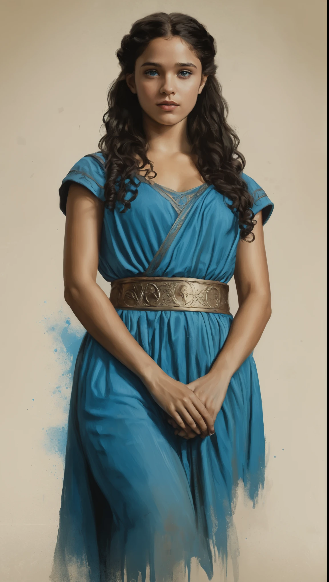 An illustrated movie poster, hand-drawn, full color, a Westerosi teenage girl, wearing a regal chiton, golden brown complexion, azure blue eyes, dark hair, long loose curls, waist-length hair, posing on a pedestal, hard shadows, graphite shading, stencil marks, airbrushed acrylic paint, masterpiece, in the style of Game of Thrones
