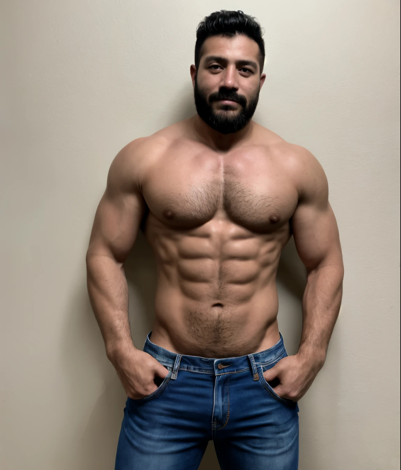 Arturo: male, vaquero musculoso,  rostro, realista, foto cuerpo completo con jeans, barba corta 