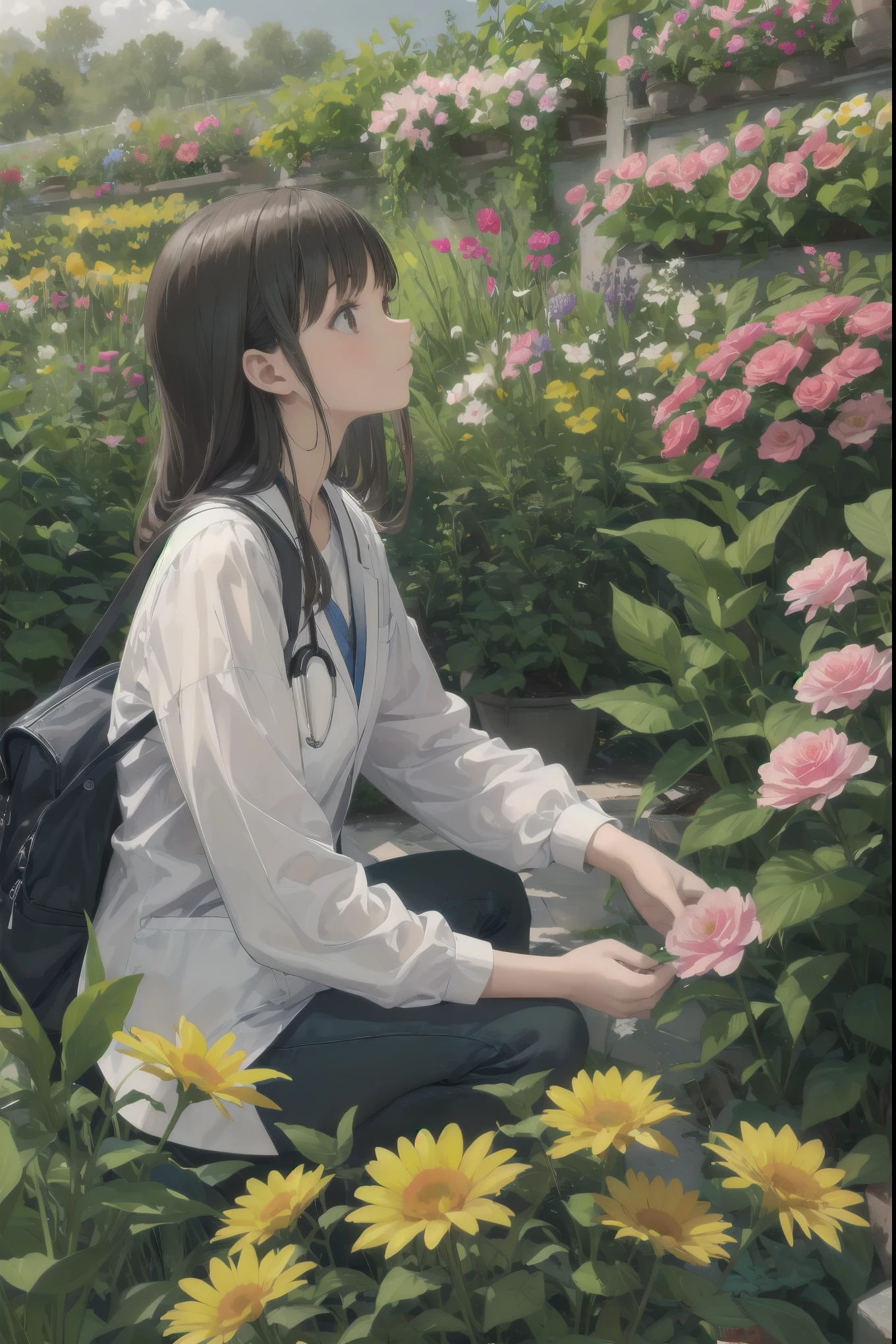 A patient girl admiring flowers in a flower garden