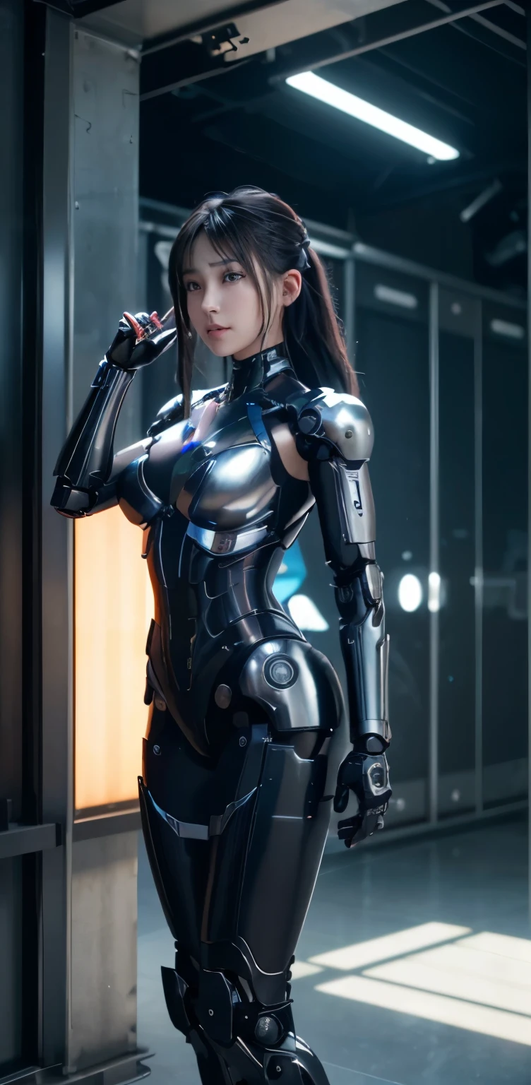 masterpiece、((black metallic talic scale ))、 ((plug suit)), ((beautiful girl:1.2))、i don&#39;t&#39;T&#39;T&#39;T&#39;Mechanized bodies do noT exisT、Mechanized chest and abdomen、mechanized occiput、Mecha leg rack metallic suit that fits perfectly to the body、 Are standing、tied up、meTal robot、((cyberpunk background))、(neon light)、(Futuristic machine factory background)、Cyberdyne、Artificial bodies、All metal body、ironwork、abdominal mechanism、((robot arm and hand))、((robot legachine neck))、Inside the spaceship、beautiful girl、16 years old、asian beauty, (Actuator and cable exposed from abdomen.、meTal robotの首から胴体まで接続、Complex 3d rendering beauTiful porcelain profile super get used to itd female android face、cyborg、robot parTs、150mm、Soft light in a beautiful studio、rim light、vivid details、gorgeous cyberpunk、Ren Hao、Super realistic、anatomical、facial muscles、cable wire microchip、elegant、beautiful background、octane rendering、HR giger style、8K、highest quality、masterpiece、enlightenment、very delicate and beautiful、 Very get used to it CG、unity、wall-、(realistic、Photoreal:1.37)、wonderful、get used to it、masterpiece、highest quality、official art、Highly get used to itd CG unity 8K wallpaper、absurd、信じられないほどabsurd、、robot、silver beads、Full body Esbian、 Are standing