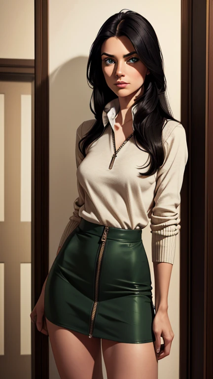1girl, 23 years old, south east Asian, slender figure, white-collared undershirt, buttoned and tucked undershirt, plain skirt, light gray skirt, almost knee-length skirt, front-slit skirt, dark gray sweater, buttoned sweater, zipped sweater, simple pumps, black pumps, tall, long hair, jet-black hair, free flowing hair, elbow-length hair, her hair frames her face, delicate-looking neck, rich eyes, emerald green eyes, emotionally guarded, neutral expression, contented expression, hidden melancholy, deep thinker