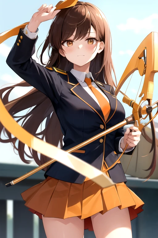 a cartoon woman in uniform holding a bow and arrow in front of her, kureha touka, 1girl, solo, teenager, 17yo, large breasts, orange pleated skirt, lightbrown hair, long hair diagonal bangs, gold eyes,  black blazer, pleated skirt, white things high, orange neckties, collerd shirts, ,