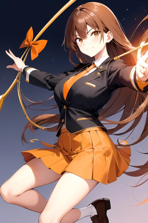 a cartoon woman in uniform holding a bow and arrow in front of her, kureha touka, 1girl, solo, teenager, 17yo, large breasts, orange pleated skirt, lightbrown hair, long hair diagonal bangs, gold eyes, black blazer, pleated skirt, white things high, orange neckties, collerd shirts, ,
