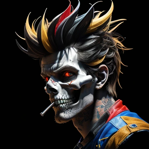 official art, unity 8k wallpaper, ultra detailed, aesthetically pleasing, High quality, masterpiece, best quality, Punk skull with red mohawk, 1man, wide open mouth, detailed teeth, empty eye sockets, black and white graphic style, high contrast, (best quality, 4k, 8k, high resolution, masterpiece:1.2), ultra-detailed, (realistic, photorealistic, photo-realistic:1.37), HDR, UHD, sharp focus, flat illustration, bold lines, (punk, rebellious, aggressive:1.2), cool color tones,