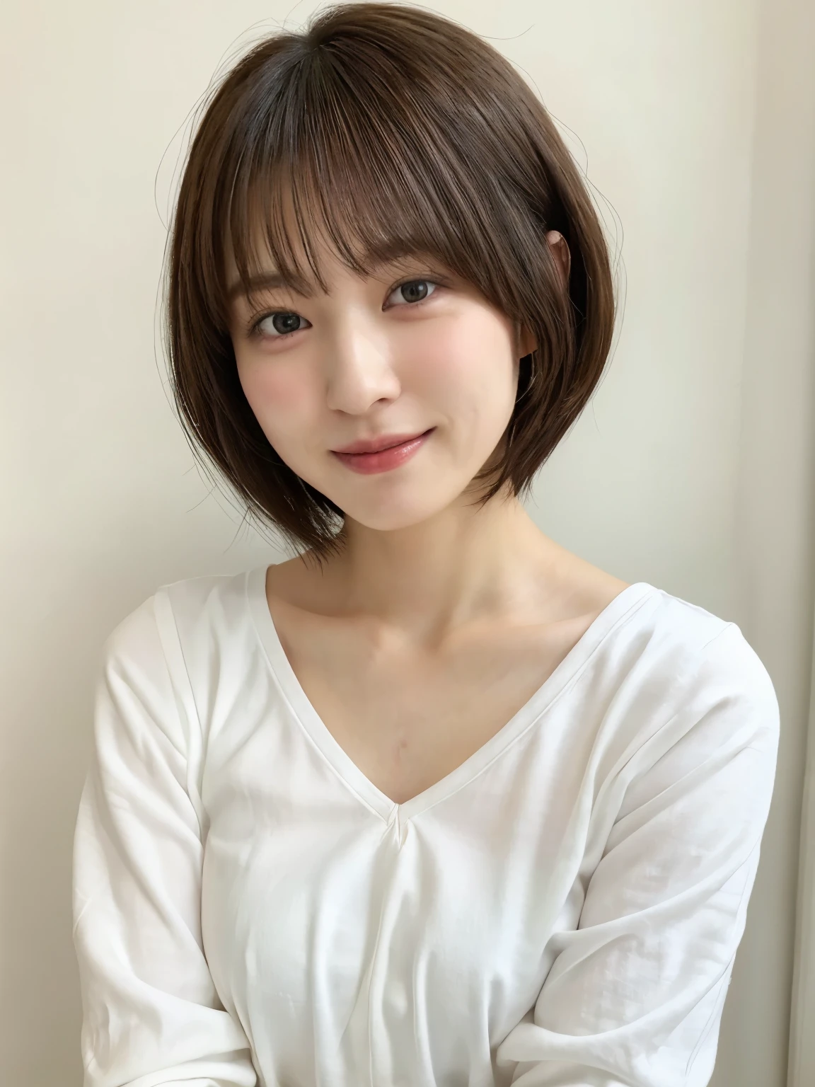 (highest quality、8K、32k、masterpiece、nffsw:1.2)、Photo of beautiful Japan woman in her 30s、very short hair、short hair、shortcut、Upper body、necklace、shot from above、don't look at the camera、(realistic、Photoreal:1.37)、1 girl、Photographed in natural light、Physically based rendering、excellent image quality、High resolution、1080p、(Detailed facial description)、(Detailed explanation of hands)、(Detailed CG)、Rich details、(exquisite features)、(best image quality)、(masterpiece)、(fine eyes)、delicate clavicle、Various poses、profile、white wall、Taken in front of the white door、(窓のあるwhite wallの部屋)、earrings、laughter、spring clothes、((long sleeve dress))、look down、face down