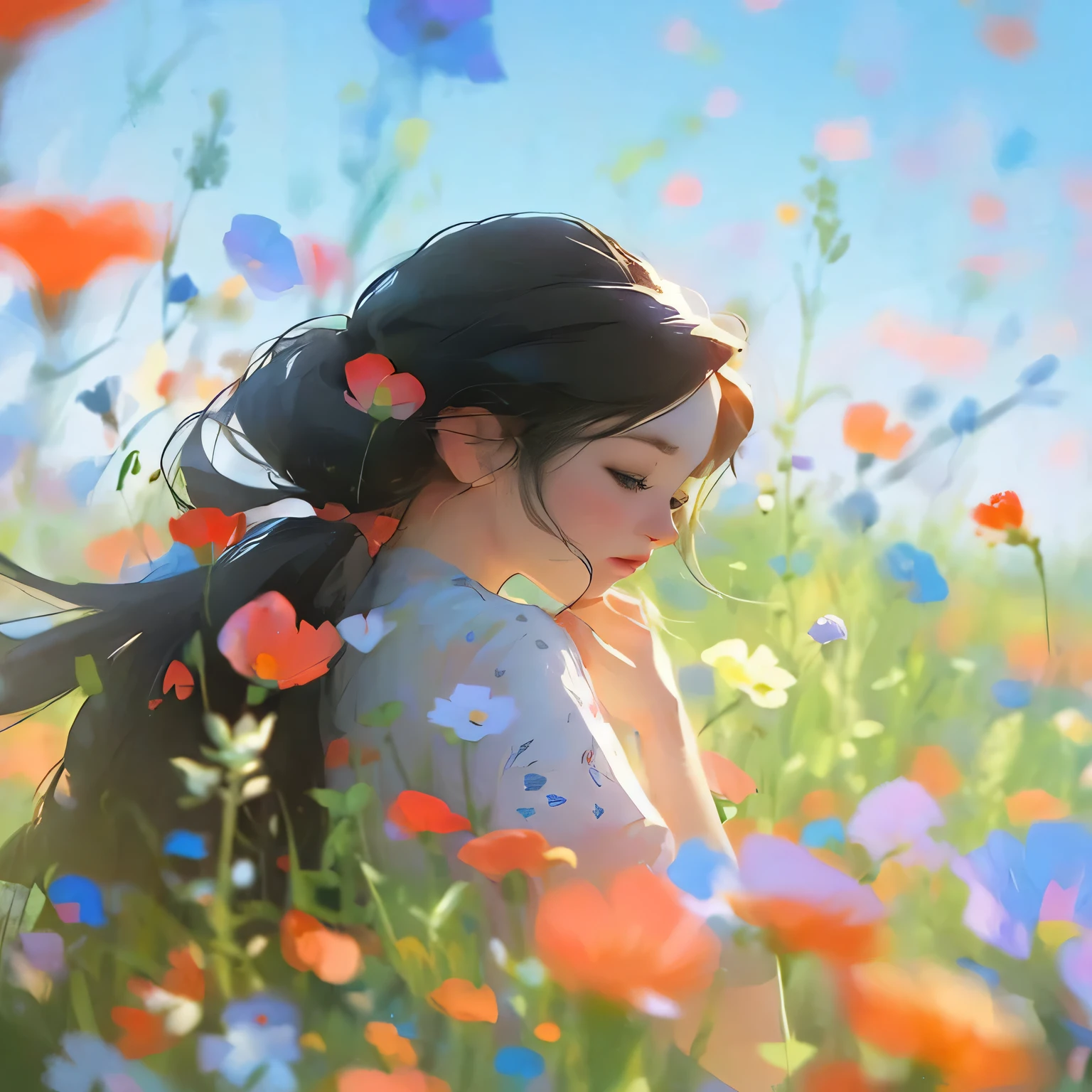 a woman with long hair standing in a flower field, in a flower field, by 양J, The Girl in the Flower Garden, beautiful picture, beautiful digital painting, girl in flowers, a goddess in a flower field, beautiful character drawings, sitting in a flower field, The Girl in the Flower Garden 정면, In a field with flowers