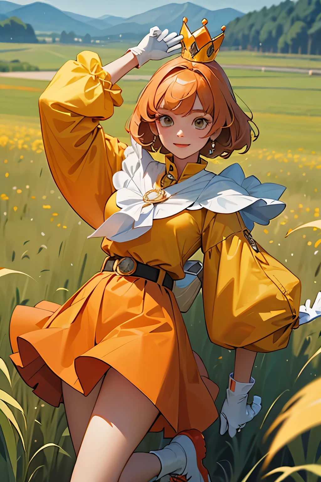 masterpiece,best quality, 1 girl, Cowboy shooting, Puff Sleeve Top and Orange Skirt, White gloves, shoe, and a crown with orange details, Bangs, Grass, In a field,