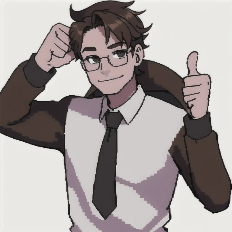 (masterpiece, best quality:1.2),1boy, male focus, solo, brown hair, glasses, brown eyes, upper body, simple background, white background, shirt, necktie, black shirt, looking at viewer, smile, closed mouth, thumbs up, black necktie, clenched hand, collared shirt, jacket, long sleeves