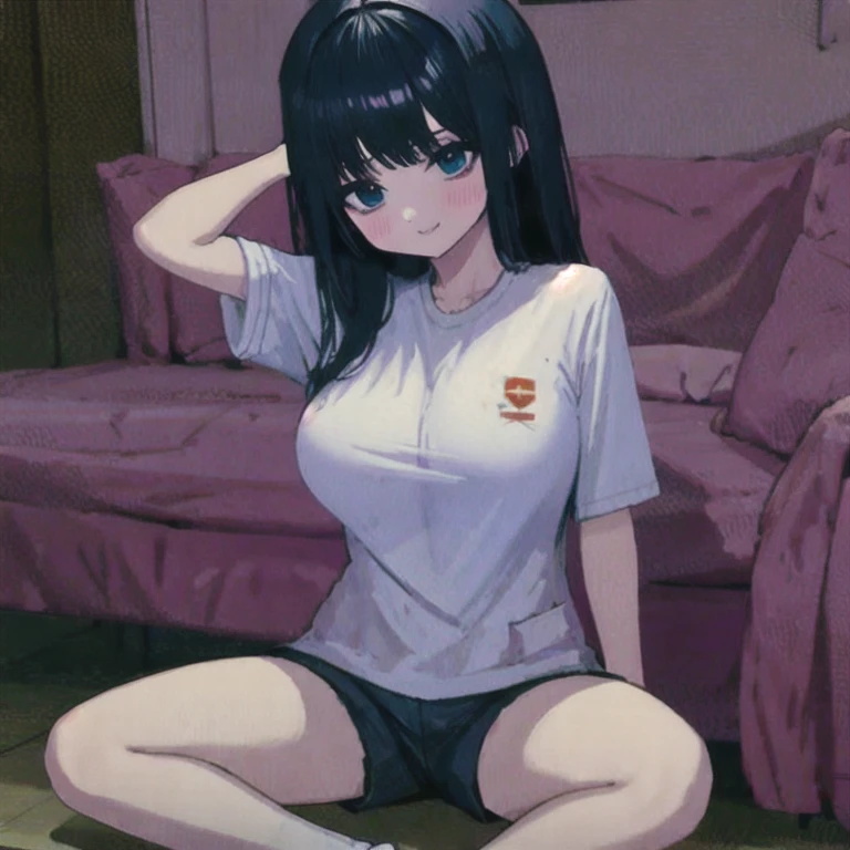 (masterpiece, best quality:1.2), 1girl, solo,Mikuyu,yandere,black hair,shorts,big breast,short