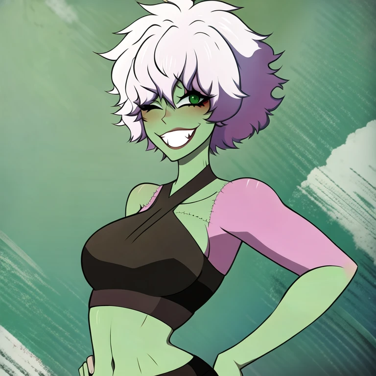 (masterpiece, best quality:1.2), 1girl, solo, zombie girl, stiches, smiling, afro, white hair, green skin, frankenstein, monster girl, hair covering eyes