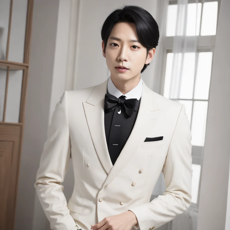 (masterpiece, best quality:1.2), 1man, solo, 회색 배경, 단정한 짧은 머리, korean man, 흰색 턱시도를 입고, black tie, 비즈니스 정장을 입고,