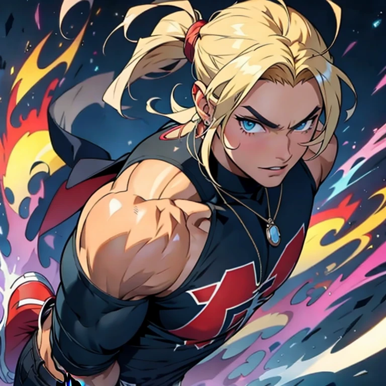 Thunder, Homem corpo adulto, ((cabelo blond)), roupas Satoru gojou, fundo neon, cabelo longo, mastigando chiclete, sentado no bar, thunder, thunder