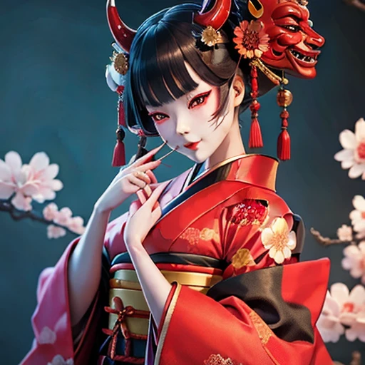 (masterpiece, best quality:1.2), A captivating full of a Japanese doll, dressed in a vibrant red and black and white robe and matching hat, reveals intricate details of her Onmyoji portrait. The elaborate, anime-styled 3D design showcases every thread of her red kimono, its texture and weaving evident even at 8k high quality. Her demonic nature is accentuated by her large, fiery demon horn, a stark contrast to her traditionally beautiful appearance. This Japanese doll, rendered in 3D, exhibits Japonisme art in its most detailed form on CGStation, a trending platform for digital artists using ZBrush, Oni doll, foxmask, Eyesbeautiful