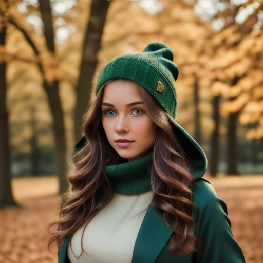 (Best quality, 8k, 32k, Masterpiece, UHD:1.2), Cute, innocent, sexy, bright green eyes, wavy hair, brunette hair, girl, UHD, high detail, modern, Realism, Hyperrealism, 16 years old, photorealistic, Photo of cute woman, brunette woman, bright green eyes sexy, wavy hair, big breasts, high heels, solo. The girl can be dressed in an exquisite dark-colored coat with a large hood that partially covers her face. Under the coat, there can be a light dress or skirt with dark colors that set off the autumn palette (burgundy, deep green or navy blue). You can complete the look with a knitted hat and high heeled boots. Choose a location in a park or forest with lots of fallen leaves. Yellowed trees that have already lost their leaves will create an autumnal atmosphere. Add atmospheric accessories such as large branches with autumn leaves, candles or lanterns.
