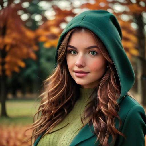 (Best quality, 8k, 32k, Masterpiece, UHD:1.2), Cute, innocent, sexy, bright green eyes, wavy hair, brunette hair, girl, UHD, high detail, modern, Realism, Hyperrealism, 16 years old, photorealistic, Photo of cute woman, brunette woman, bright green eyes sexy, wavy hair, big breasts, high heels, solo. The girl can be dressed in an exquisite dark-colored coat with a large hood that partially covers her face. Under the coat, there can be a light dress or skirt with dark colors that set off the autumn palette (burgundy, deep green or navy blue). You can complete the look with a knitted hat and high heeled boots. Choose a location in a park or forest with lots of fallen leaves. Yellowed trees that have already lost their leaves will create an autumnal atmosphere. Add atmospheric accessories such as large branches with autumn leaves, candles or lanterns.
