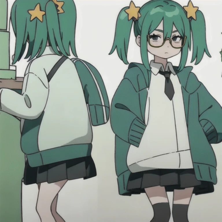 (masterpiece, best quality:1.2), 1girl,jinaruv,kirt, necktie, hair ornament, black skirt, star hair ornament,, shoes, green hair, full body, socks, star (symbol), sleeves past wrists, pleated skirt, jacket, sleeves past fingers, shirt, collared shirt, black footwear, black necktie, striped, white shirt, green jacket, long sleeves, two side up, black eyes, glasses,medium breast,thick_thigs