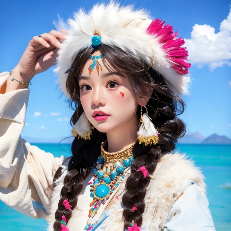 1girl，zahufu,cloud,sky,cloudy_sky,1girl,mountain,day,blue_sky,ocean,horizon,solo,mountainous_horizon,water,lake,planet,landscape,headwear,,designed by greg manchess,smoke,a model woman,bright eyes,glossy lips,(futuristic pink face war paint,trending on art station:1.1),photoreal,8 k,octane render by greg rutkowski,headdress,jewelry,necklace,earrings,furry hat,double braided hairstyle,curly hair,watery girl,spring,grass,flowers，Ethnic minority clothing，Plush collar